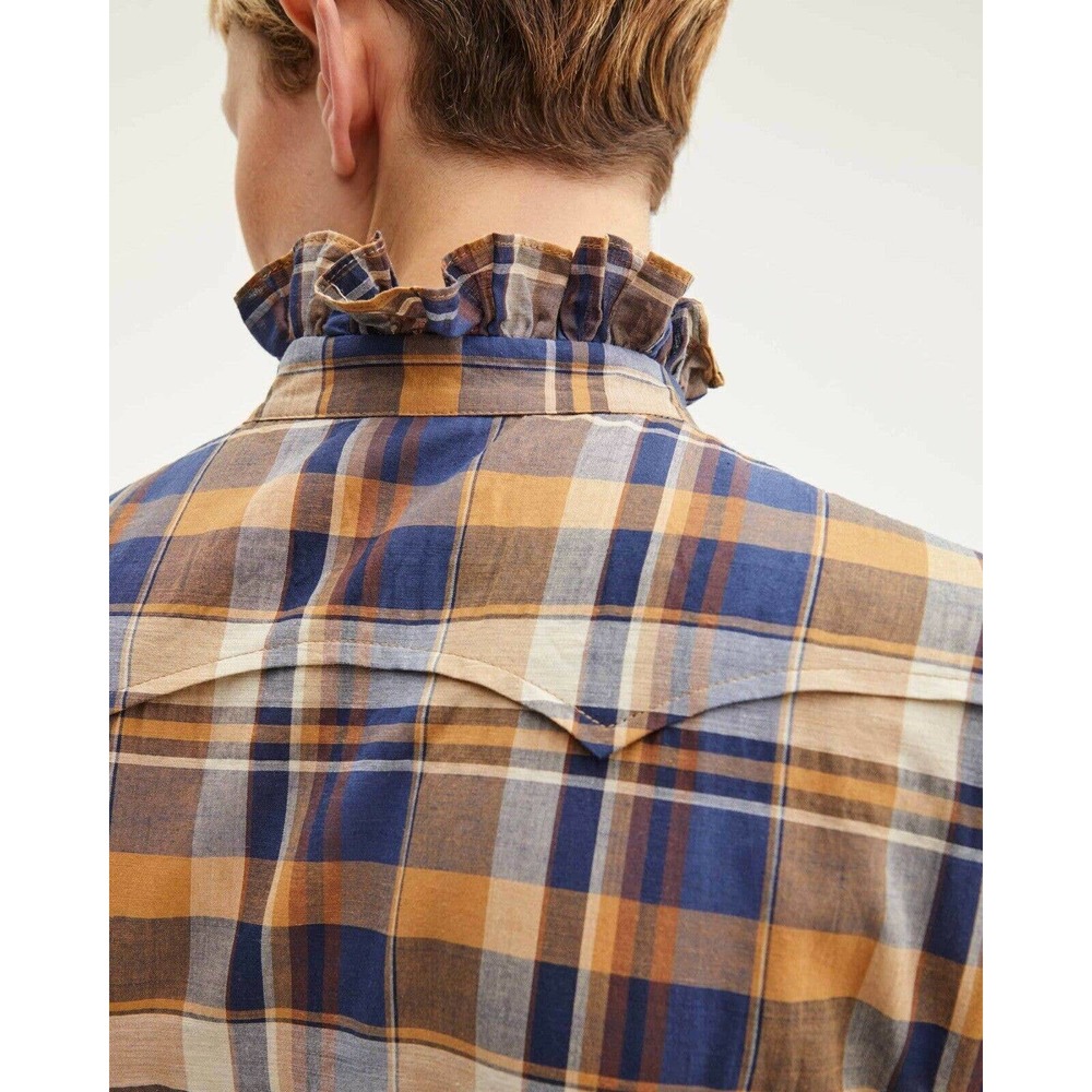 NILI LOTAN Feora Blue/Tan Plaid RuffleNeck Top NWT - Picture 4 of 10